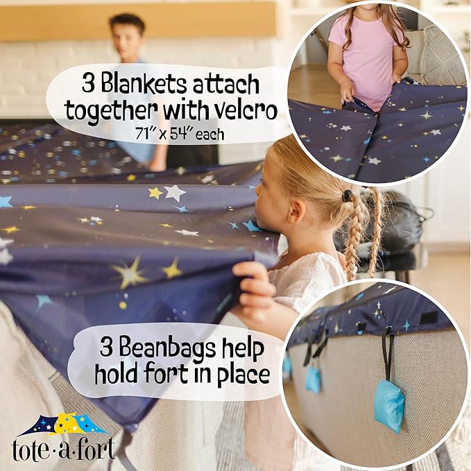 Tote a Fort Starry Blanket Fort Building Kit for Kids, 3 Blanket TOTEAFORT Toy, Make a Portable Playhouse, Play Tent Boy and Girl Indoor Outdoor Build Set, STEM Children Toy, Ages 4, 8, 12 +