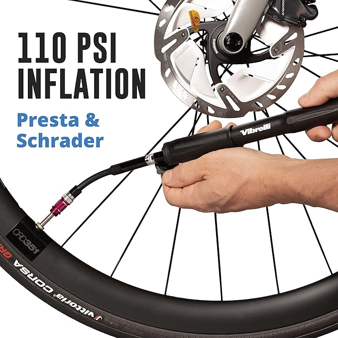 Vibrelli Mini Bike Pump - Presta & Schrader Bicycle Pump - 120 PSI Tire Pump for Road & MTB - No Valve Changing Needed