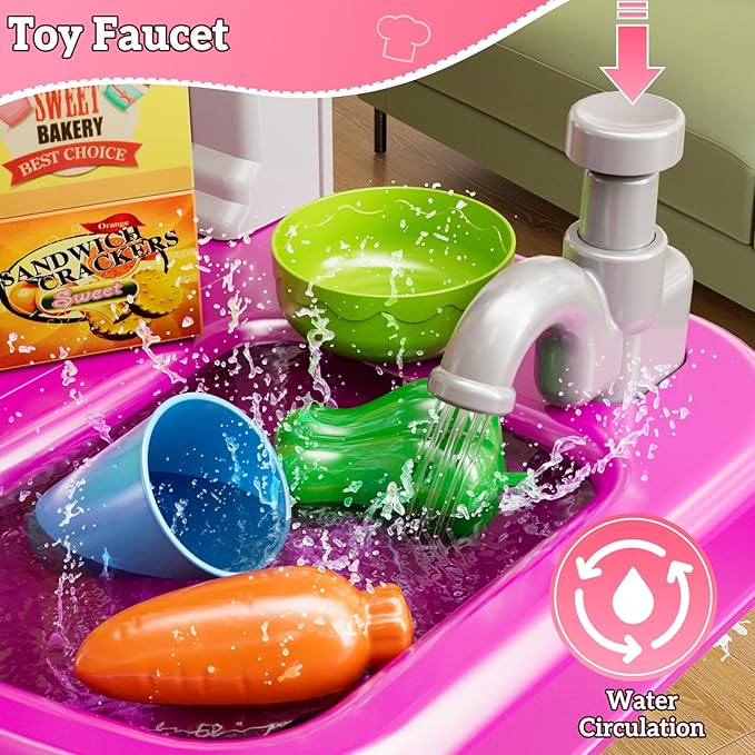 Kids Kitchen Playset for Ages 3-6 4-8, Play Kitchen with Light, Sound and Spraying, Sink Toy Accessories, Cooking Stoves, Pretend Food Toys for Toddlers 3-5 Boys Girls 6-12