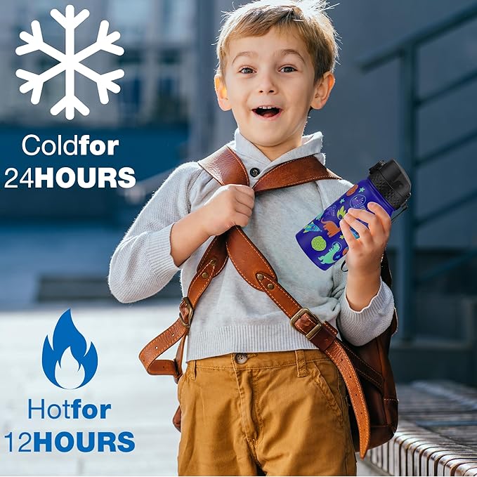 GOPPUS Kids Water Bottle (Straw Lid) - 14 Oz Stainless Steel Travel Bottle, Double Wall Vacuum Leak Proof Kids Cup for School Boys Girls,Blue Space dinosaur