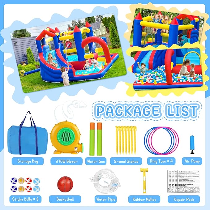 Bounce House Inflatable Bouncy House for Kids 3-12 Indoor & Outdoor, 9 in 1 Water Bounce House with Slide, Bouncer, Climbing Wall, Inflatable Bouncy Castle for Backyard, Party, Room