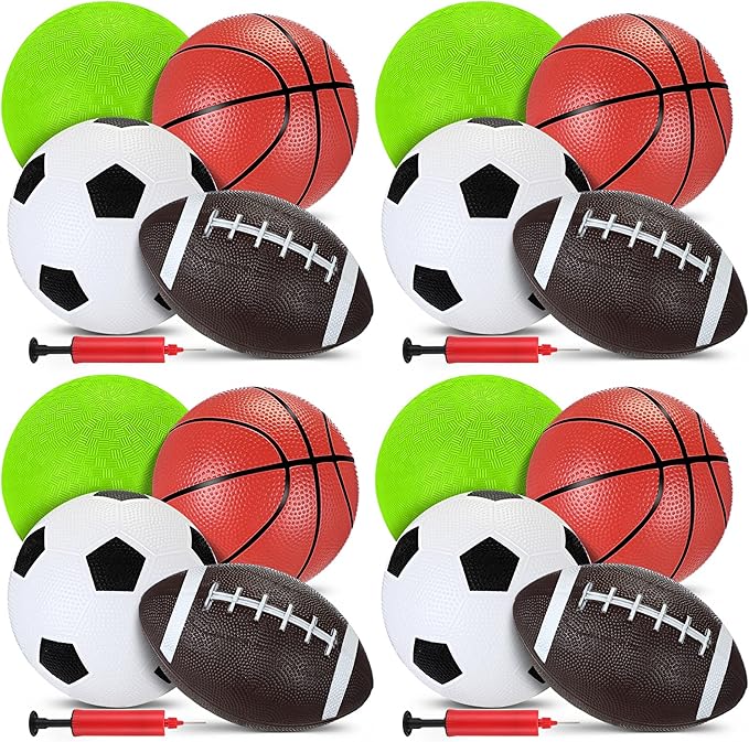 Sports Balls with Pump for Kids 5" Basketball, 5" Soccer, 5" Playground Ball, 6.3" Football for Indoor Outdoor Play Games Gifts