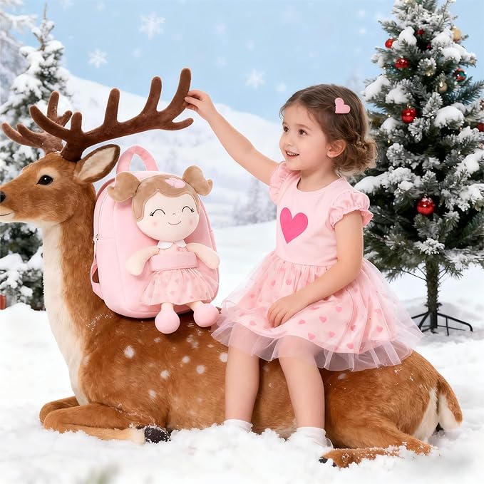 Gloveleya Toddler Backpack Baby Girl Gift Plush Bag Diaper Bag with Pink Flocking Heart Girl Backpack