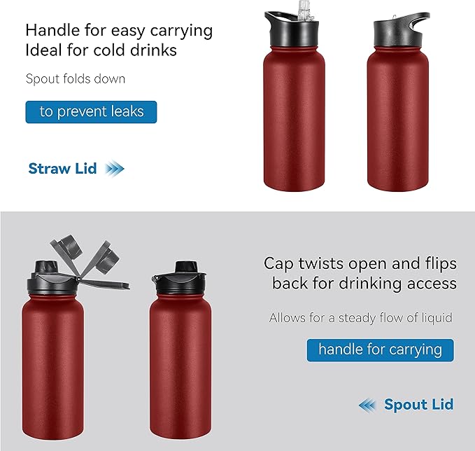 VEGOND 32 oz Insulated Water Bottle Bulk Stainless Steel Metal Water Bottles with Leak Proof Straw Lid & Spout Lid, Wide Mouth Double Walled Vacuum Travel Sports Bottle, Red 8 Pack