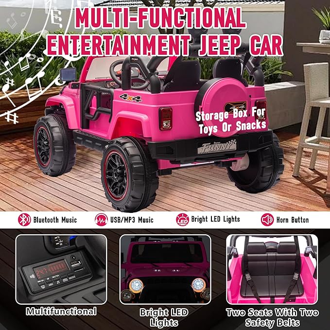 24V XL Kids Electric Ride on Truck Car 2 Seater Remote Control for Toddlers 2-8, 160W 2 Motors 5MPH Max Speed, Bluetooth USB Music Player, LED Lights Safety Belt, Gift for Boys Girls, Pink