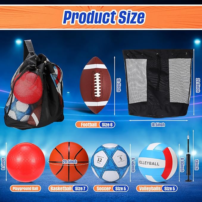 Jenaai 5 Set of Sport Balls, Assorted Official Size Athletic Balls Include Basketball Football Soccer Volleyball Playground Ball with Bags and Pumps, Sports Balls Pack for Kids Toys Gift