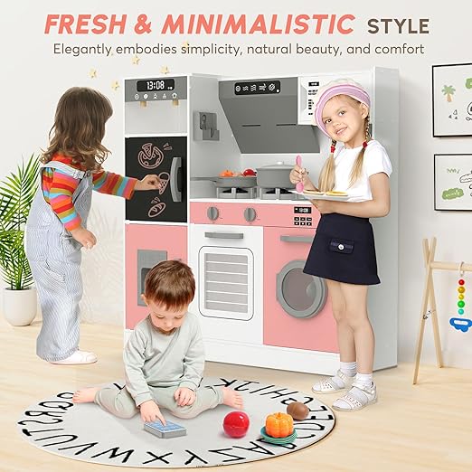 BIERUM Play Kitchen with Realistic Lights & Sounds, Wooden Kitchen Playset with 28 Pcs Toy Food & Cookware Accessories, Toy Kitchen with Plenty of Play Features, Idea Gift for Boys and Girls Ages 3+