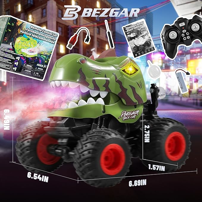 BEZGAR Monster Truck Toys - Remote Control Monster Truck with Spray, Light, Music, Dinosaur Toys for Kids, 1:20 Scale RC Truck with 360° Spins and Drifting, Remote Control Car for Boys 4-7 Camo Green