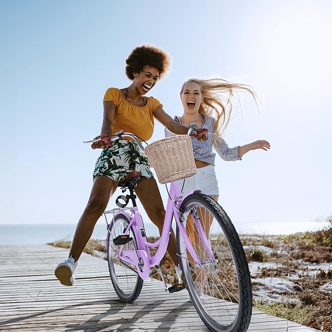YITAHOME Beach Cruiser Bike for Women, 24 & 26 inch Commute Bike for Adults, 1 & 7 Speed Womens Bicycle with Basket Adjustable Seat, Multiple Color