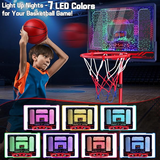 Basketball Hoop for Kids 3 4 5 6 7 8 Years Old, Electronic Basketball Goal with Adjustable Stand, 7 LED Lights & Scoreboard, Indoor Outdoor Sports Toy, Birthday for Kids Boys Ages 3-12