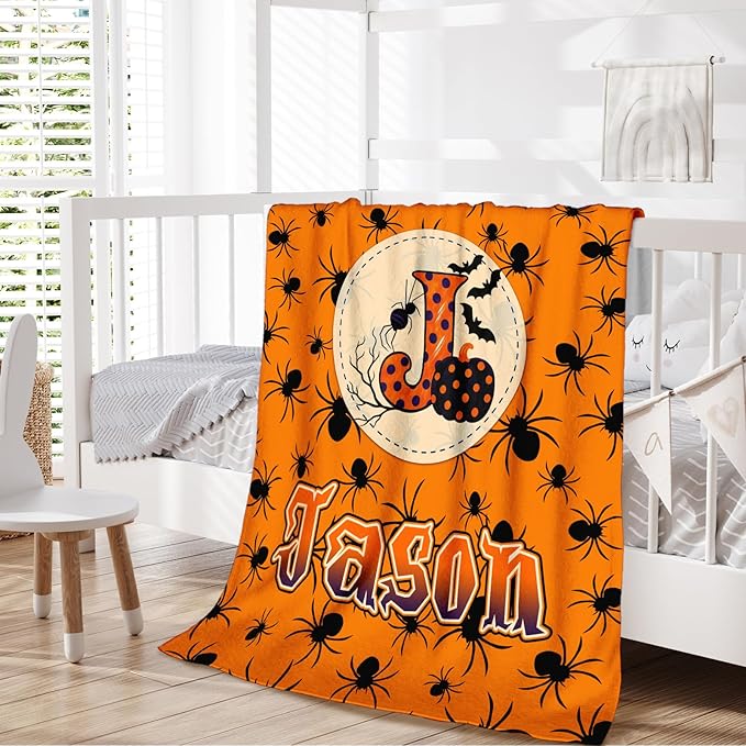 Halloween Blanket Gifts with Name Initial for Kids Boys Girls - Personalized Flannel Throw Blanket Soft Cozy Fuzzy - Halloween Blankets for Couch Sofa Bed Decor