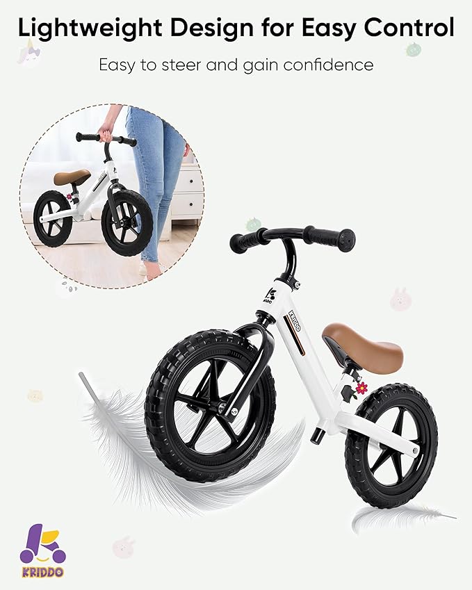 KRIDDO Toddler Balance Bike 2 Year Old, Kids Balance Bike for 2-5 Years Old, Dual Bearing for Smoother Riding, Adorable Plate, Adjustable Seat and Handlebar, Toddler Bike Gifts Age 2-3, White