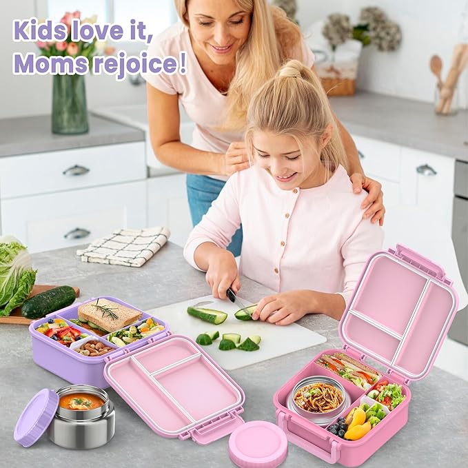Bento Lunch Box for Kids with 9oz Thermo, Leak-proof Lunch Containers with 3 Compartments,Kids-friendly Size,Durable/Dishwasher Safe Lunch Box for School Outdoors Purple-Pink