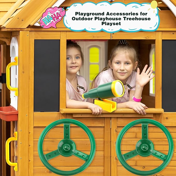 Playground Accessories Swingset Plastic Pirate Ship Steering Wheel Safety Handles Telescope for Kids Outdoor Playground Treehouse Jungle Gym Accessories (4 Pcs- Green,Yellow Set)