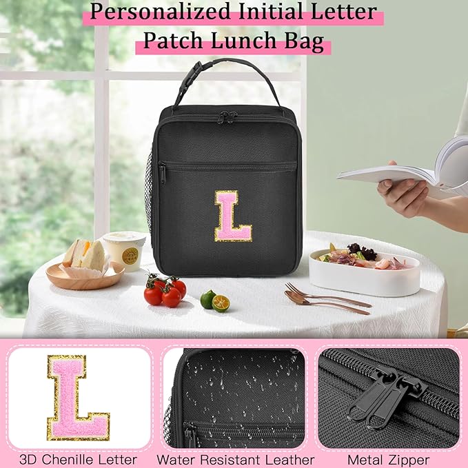 Initial Insulated Lunch Bag, Lunch Box with Initial Letter Patch for Teen Adult, Reusable Lunch Bag for Men Women, Ideal Back to School Gift Birthday Gift, Pink L