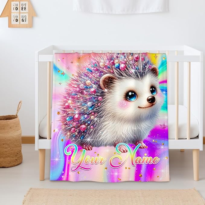 Personalized Blanket for Girls, Hedgehog Throw Blanket Gift for Kids Teens Adults, 50"x40" Custom Name Blankets for Couch Sofa Bed Bedroom Decor Travel