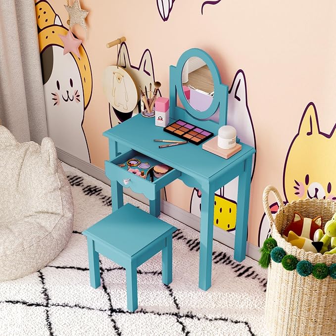HLR Kids Vanity,Little Girls Vanity Set with Mirror and Stool,Wooden 2 in 1 Princess Makeup Desk Dressing Table with Detachable Top, Toddler Vanity Dresser Set with Drawer for Little Girls,Blue