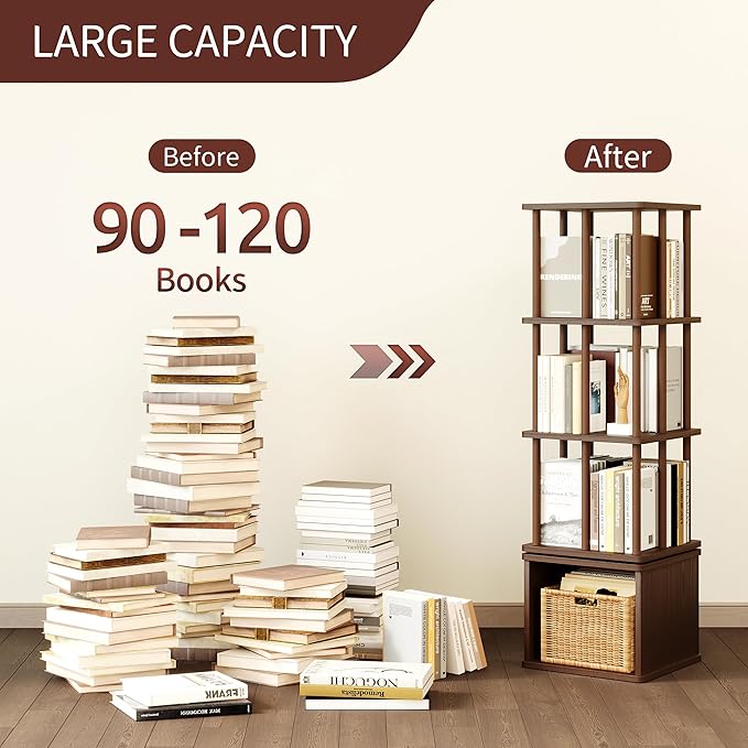 IOTXY 4-Tier Rotating Bookshelf Tower - Beech Wood Frame Spinning Bookcase with Storage Base, Tall Freestanding Revolving Shelf Organizer, Walnut