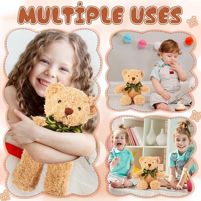 HyDren 6 Pcs Bear Stuffed Animal Plush Toys Soft Plush Dolls Bear Sleeping and Playing Toys for Baby Shower Decoration Boy(Fuzzy Style,Brown)