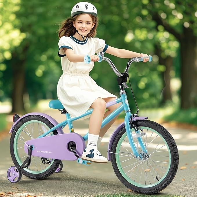BABY JOY Colorful Macarons Kids Bike, 12 14 16 18 Inch Sporty Children's Bicycle with Training Wheels, Adjustable Handlebar & Saddle, Handbrake & Coaster Brake, Boys Girls Bike for 3-8 Years Old