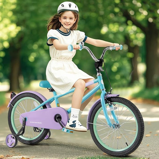 BABY JOY Colorful Macarons Kids Bike, 12 14 16 18 Inch Sporty Children's Bicycle with Training Wheels, Adjustable Handlebar & Saddle, Handbrake & Coaster Brake, Boys Girls Bike for 3-8 Years Old