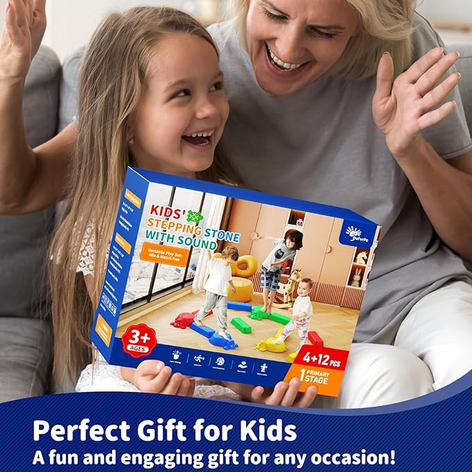 16 Pcs Balance Beam and Stepping Stones for Kids - 4 Turtle Shape Stepping Stones and 12 Connectable Beams with Sound Feature,Color Spinner, Riddle Cards, Fun Balance Training and Obstacle Course