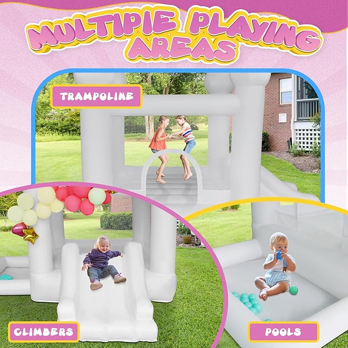AKSPORT White Bounce House Castle Inflatable Jumping Castle with Slide & Air Blower for Kid, Wedding, Birthday Party Castle, 9 * 9 * 7FT
