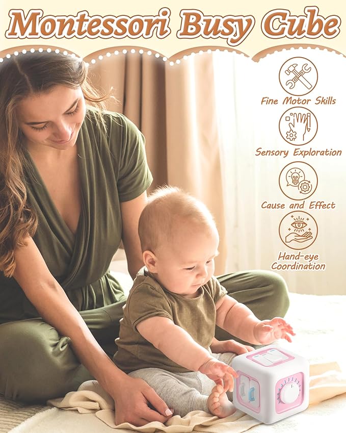 6 in 1 Busy Cube Montessori Toys for 1 Year Old Girl, Baby Sensory Toys for Ages 1-3, Toddler Learning Activities Travel Toy Birthday Gift for 1 2 3 Year Old Girl -Pink