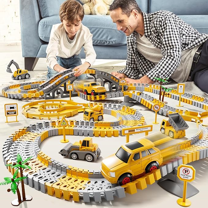 iHaHa Toddlers Construction Race Tracks Toys Gifts for 3 4 5 6 Years Old Boys Kids, 2PCS Electric Race Cars & 4 Pcs Construction Trucks, Birthday Gift Toys for Boys 2 3 4 5 6+