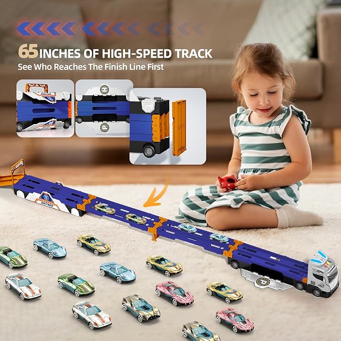 65-Inch Race Car Tracks and 20 Car Toys for Kids Boys Toddlers, Boy Toddler Toys Trucks for 3 4 5 6 7 8 Years Old Kids with Lights Sounds, Truck Toys Gift for 3 4 5 6 7 8 Years Old Boys Girls