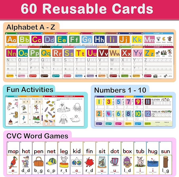 Preschool Learning Activities - Reusable Handwriting Tracing Books for Kids, PreK Kindergarten Workbooks, CVC Word Game, Numbers & Alphabet Educational Learning Toys for 3, 4, 5, 6 Year Old