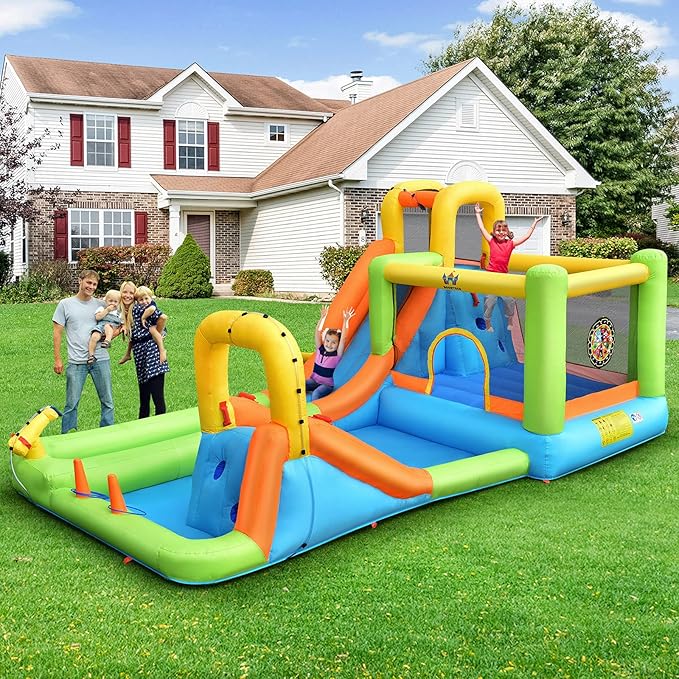 BOUNTECH Inflatable Water Slide, 8-in-1 Dual Slides Kids Water Park Jump Castle, Water Slides Inflatables for Outdoor with Splash Pool, Big Kids Backyard Party Water Slide Bounce House with Blower