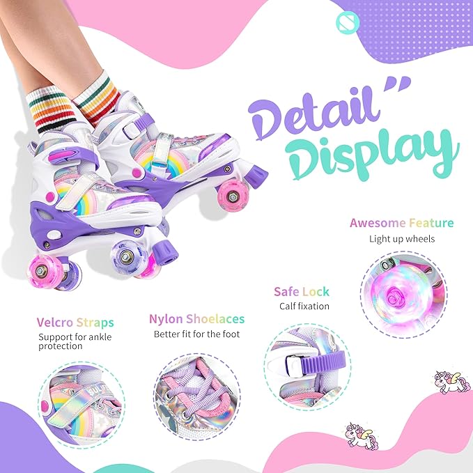 SULIFEEL Rainbow Unicorn 4 Size Adjustable Light up Roller Skates for Girls Boys for Kids