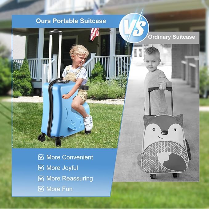 20 Inch Ride On Kids Suitcase with Wheels, Ride On Luggage with Pedal, Hardshell Kids Suitcase Adjustable Safe Harness, ABS+PC, Up To 100 Lbs, Blue