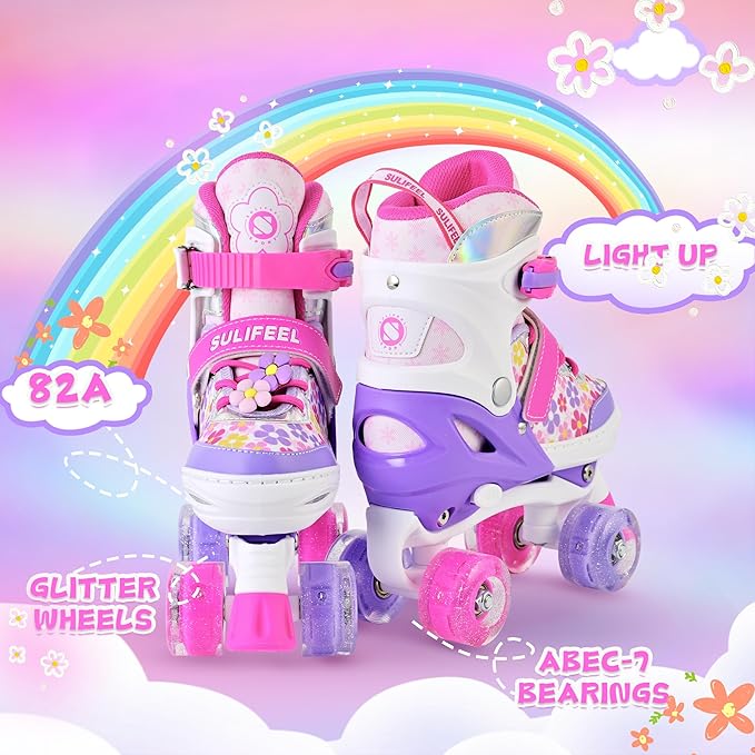 SULIFEEL Rainbow Unicorn 4 Size Adjustable Light up Roller Skates for Girls Boys for Kids