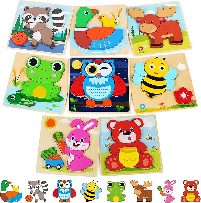 BenBen Wooden Puzzles for Toddlers 1-3, 8 Pack Animal Puzzles for Toddlers 2-4, Montessori Toys for 1 2 3 Year Old Boys Girls, Learning Educational Preschool Toys