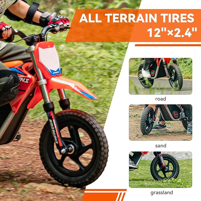 Electric Dirt Bike for Kids, Powerful Motorcycle for Ages 3-6, 24V 2.6Ah Lithium Battery, Dual Shock Absorption, 2 Speed Modes, Safe Disc Brake, 12Inch Off Road Tires, Orange