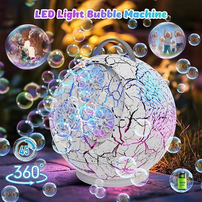 Bubble Machine for Kids Toddlers,45°/360° Rotatable Spherical Bubble Maker Toy with LED Light,Rechargeable Bubble Blower for 3 4 5 Year Old,Wedding Party Easter Birthday Gifts -Spherical White Crack