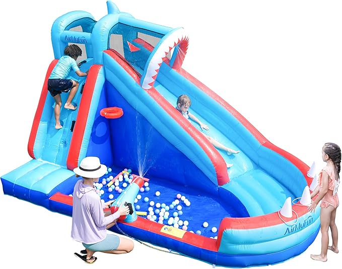 AirMyFun Bounce House, Sharks Theme Inflatable Bouncy House with Slide, Kids Bounce House Water Park with Water Slides Bouncer Castle with Splash Pool, Climbing Wall, Ball Shooting