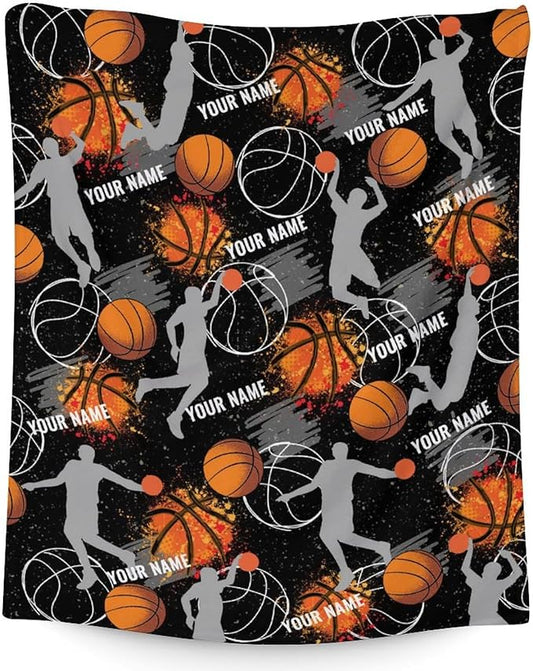 Custom Basketball Blanket Gifts with Name - 80x60 Inches Cute Throw Blanket for Basketball Lover Kids Adults Teens - Black Soft Fuzzy Sport Blankets for Couch Sofa Bed