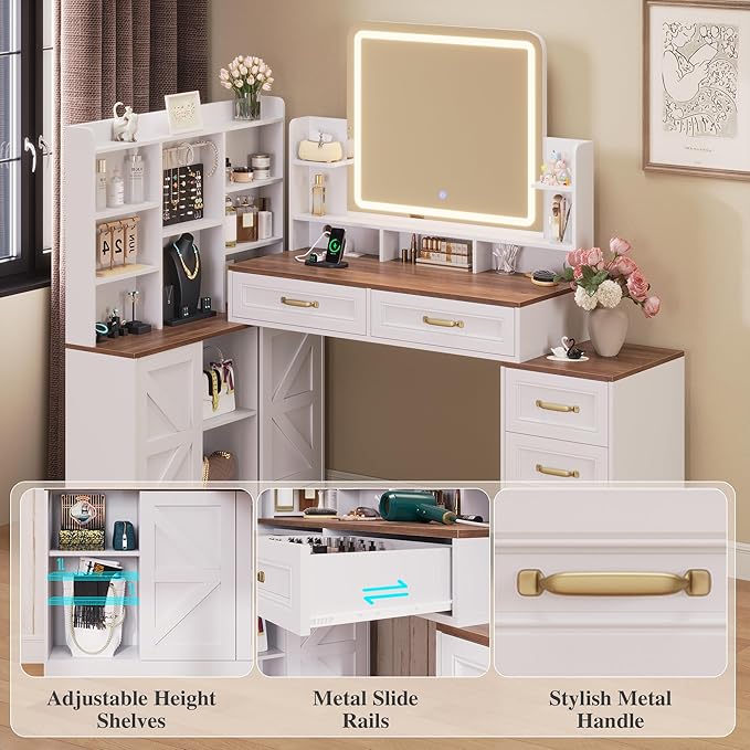 White Vanity Desk with Mirror and Lights 3 Colors, Makeup Vanity Table with Lights & Power Outlets,Makeup Desk with 5 Drawer and Storage Shelves, Jewelry Storage for Bedroom,White Vanity