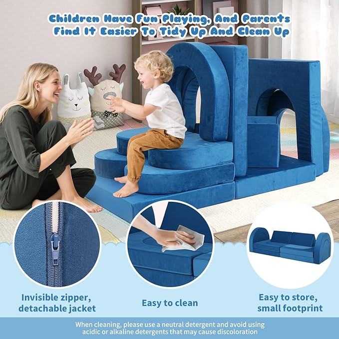 12 Pcs Modular Kids Play Couch, Toddler Couches That Fold Out, Plush Foam Chair for Children’s Playroom, Velvet Fabric Convertible Foam and Floor Cushion for Boys and Girls (Blue,07)