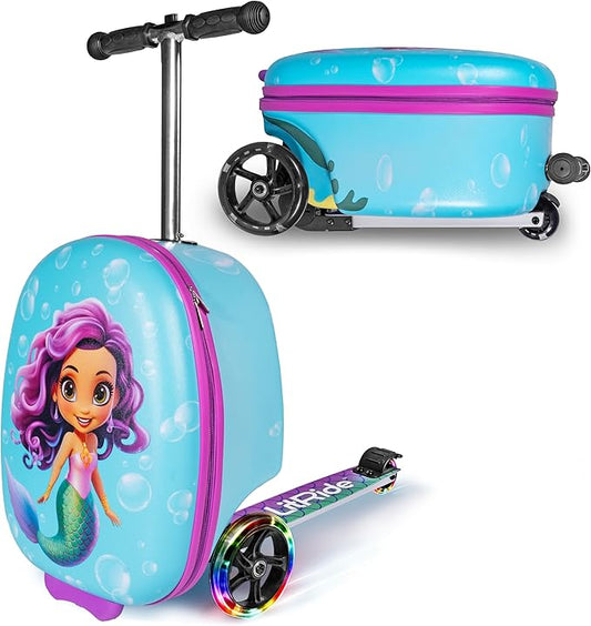 Hardshell Kids Ride-On Luggage with Scooter Suitcase – Carry-On Compliant with LED Light-Up Wheels – Fun and Functional Travel Companion for Children Ages 5–12