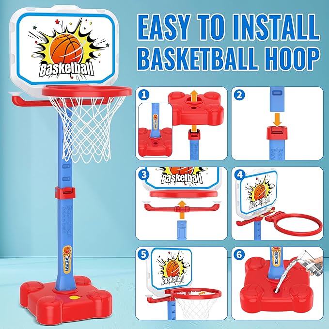 4 in 1 Toddler Basketball Hoop and T Ball Set, Toss Ring Game Kids Toys, Adjustable Height Kids Basketball Hoop Pool Toys Indoor Outdoor Sports, Gifts for Boys Girls Outdoor Toys for Toddlers 3-5 2-4