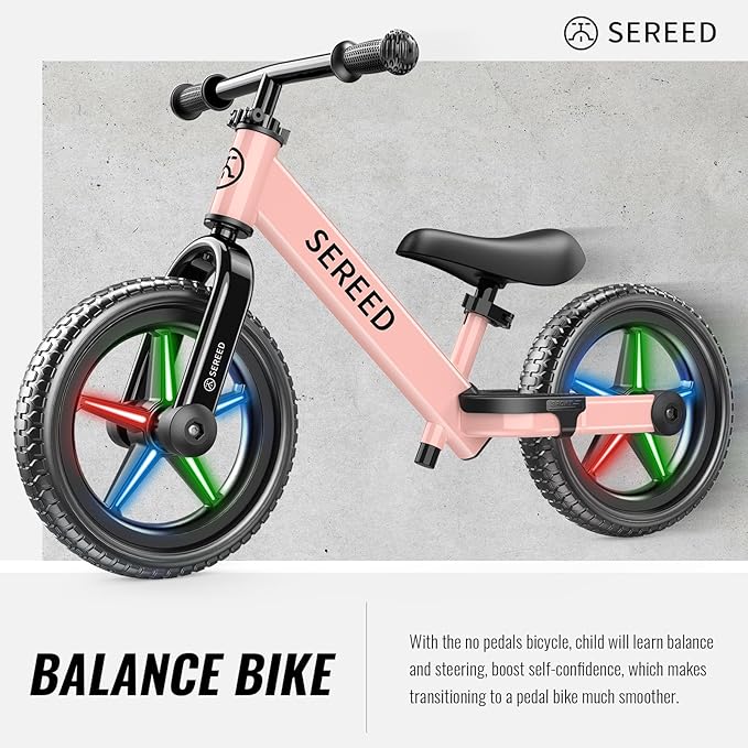 SEREED Toddler Balance Bike 2 Year Old, No Pedal Kids Bicycle Toys for 2-5 Years Old, Tool-Free Adjustment, Customize Plate with Stickers, Gift for 2-3 Boys Girls (Pink Lighting)