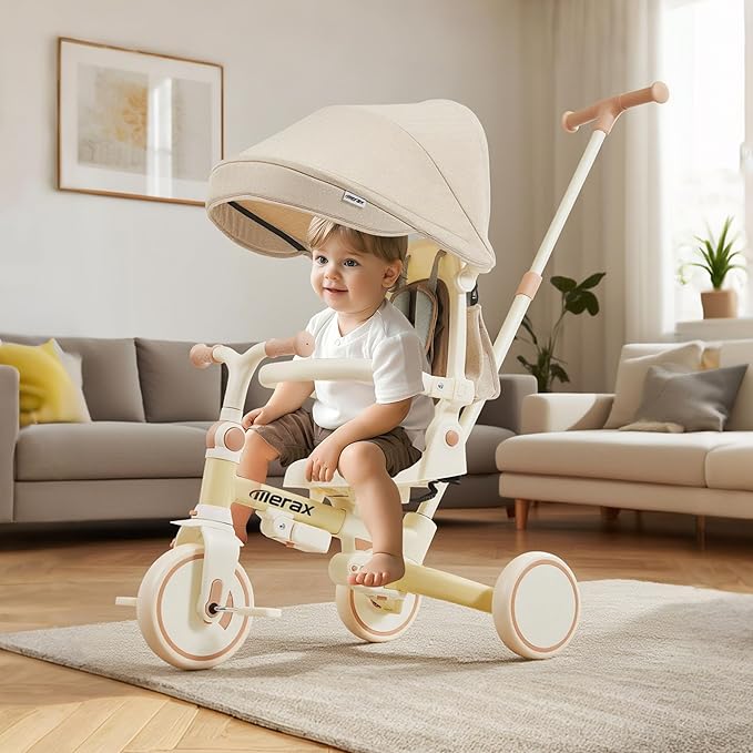 7 in 1 Baby Tricycle Stroller for Toddlers Ages 1Y-6Y Adjustable Push Handle Rotatable Seat Retractable Canopy
