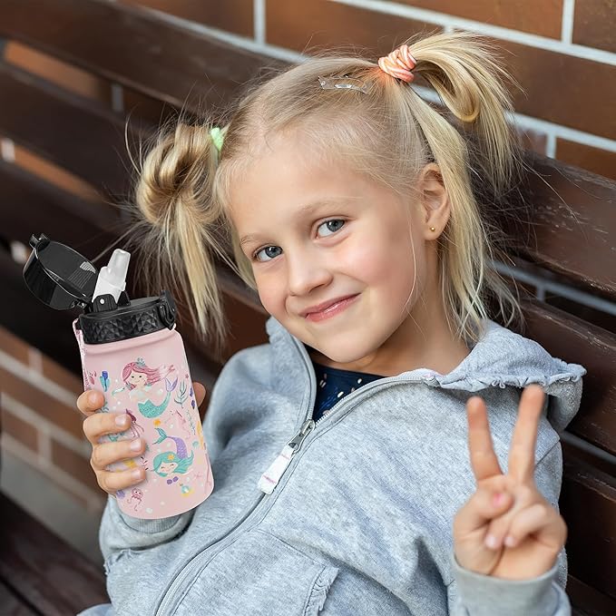 GOPPUS Kids Water Bottle (Straw Lid) - 14 Oz Stainless Steel Travel Bottle, Double Wall Vacuum Leak Proof Kids Cup for School Boys Girls,Happy Mermaids