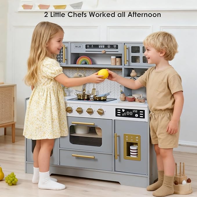 Wooden Play Kitchen for Kids – Pretend Play Kitchen Set with Realistic Stove, Sink, Coffee Maker, Ice Maker & 15 Fun Accessories, Toy Kitchen for Toddlers Ages 3+