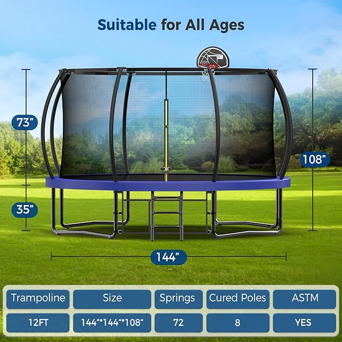 Tatub Large Trampolines Outdoor 10 12 14 15 16FT for Kids and Adults,Outdoor Recreational Pumpkin Trampolines with Curved Poles and Safety Enclosure Net, Basketball Hoop, Ladder