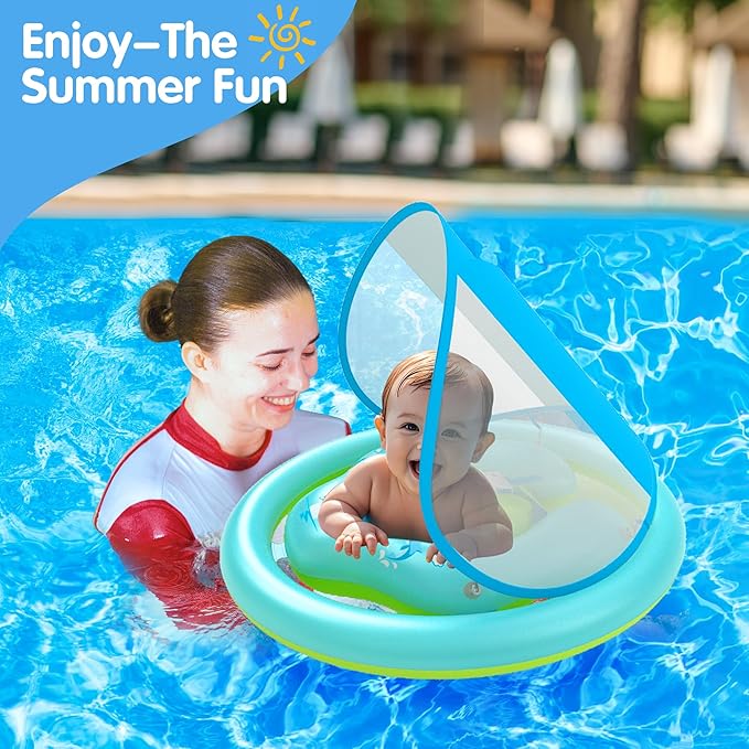 ZIZZ Baby Pool Float with Canopy - 2025 New Inflatable Baby Swim Float with UPF50+Sun Protection, Baby Infant Pool Float with Toy Play Console Adjustable Seat for Toddler Kids Aged 6-36 Months